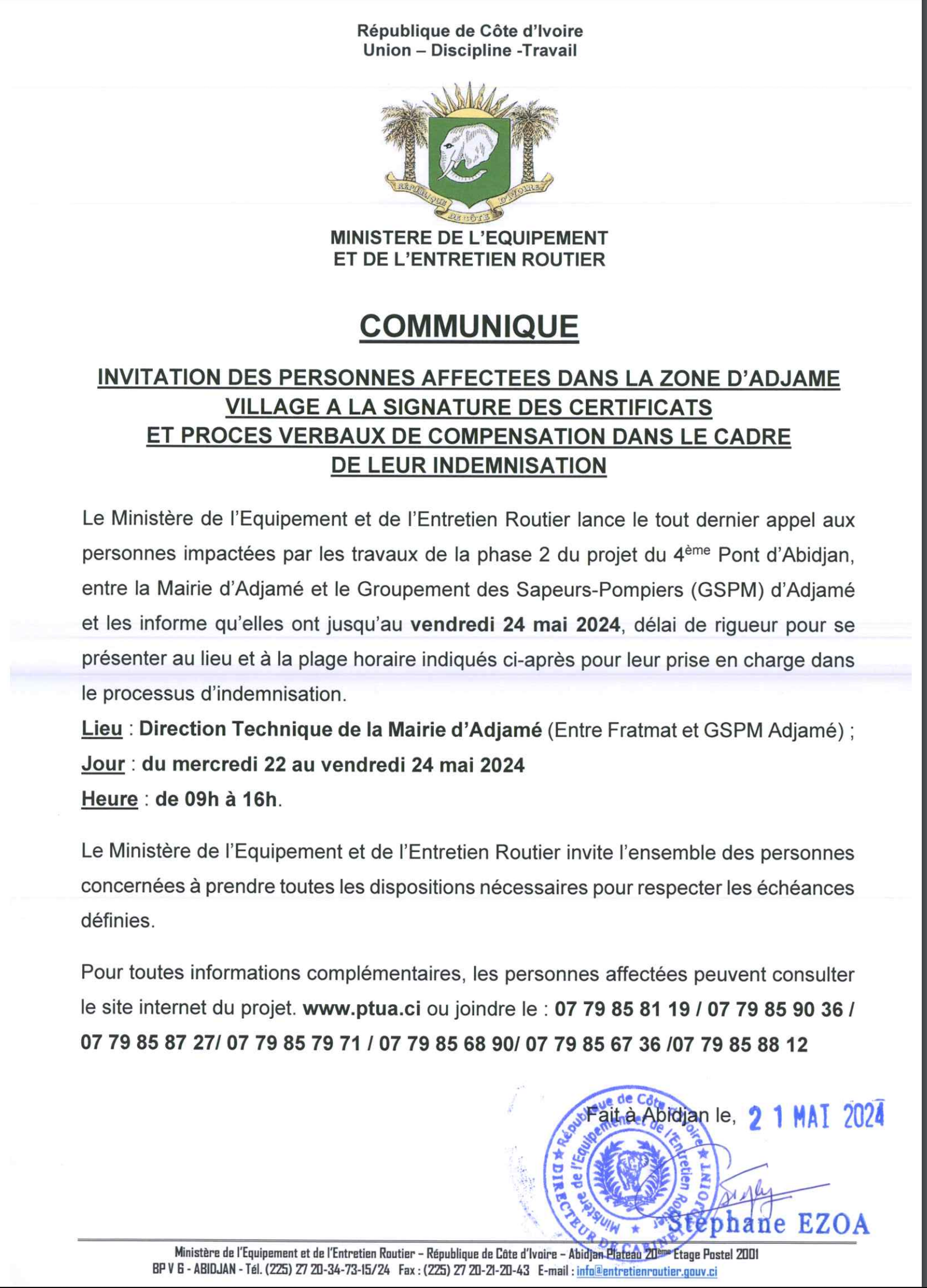 4e PONT D'ABIDJAN - TOUT DERNIER APPEL A LA NEGOCIATION ET D'INDEMNISATION DES PERSONNES AFFECTEES PAR LE PROJET D'ADJAME VILLAGE
